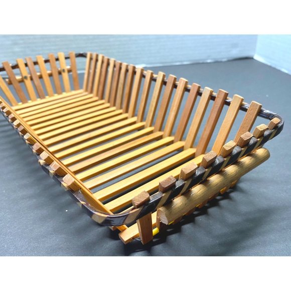 Vintage Wood Slat Bread Basket Rectangular Fruit Tray Fruit Storage 14 Inch - Picture 7 of 11